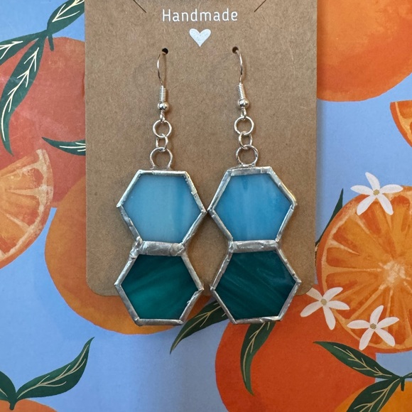 Hand Crafted Jewelry - Handcrafted Imperfect Blue Stained Glass Hexagon Earrings
